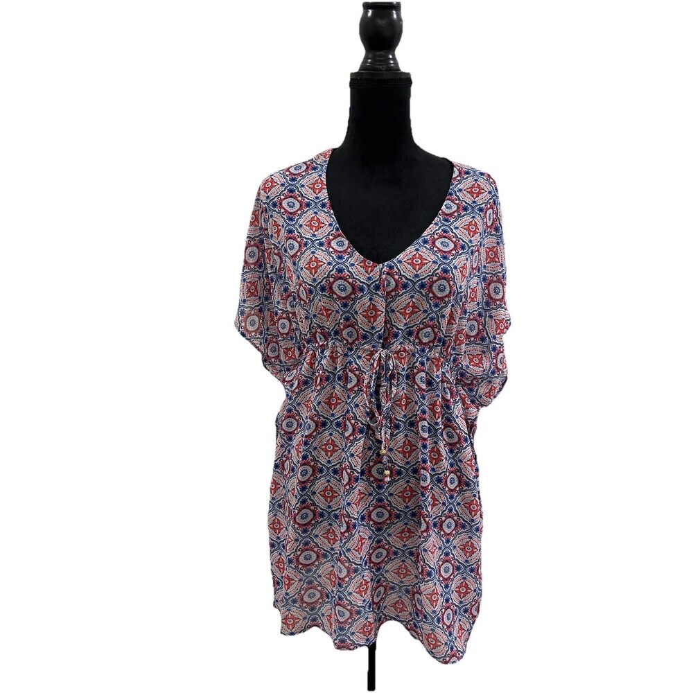 Merona Womens Medium Swim Cover-up Multi Color V-Neck Drawstring Waist